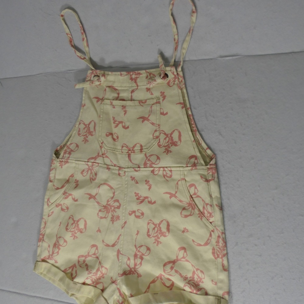Cider Womens Shortalls S Cream Pink Bow Print Denim Coquette Ribboncore Feminine